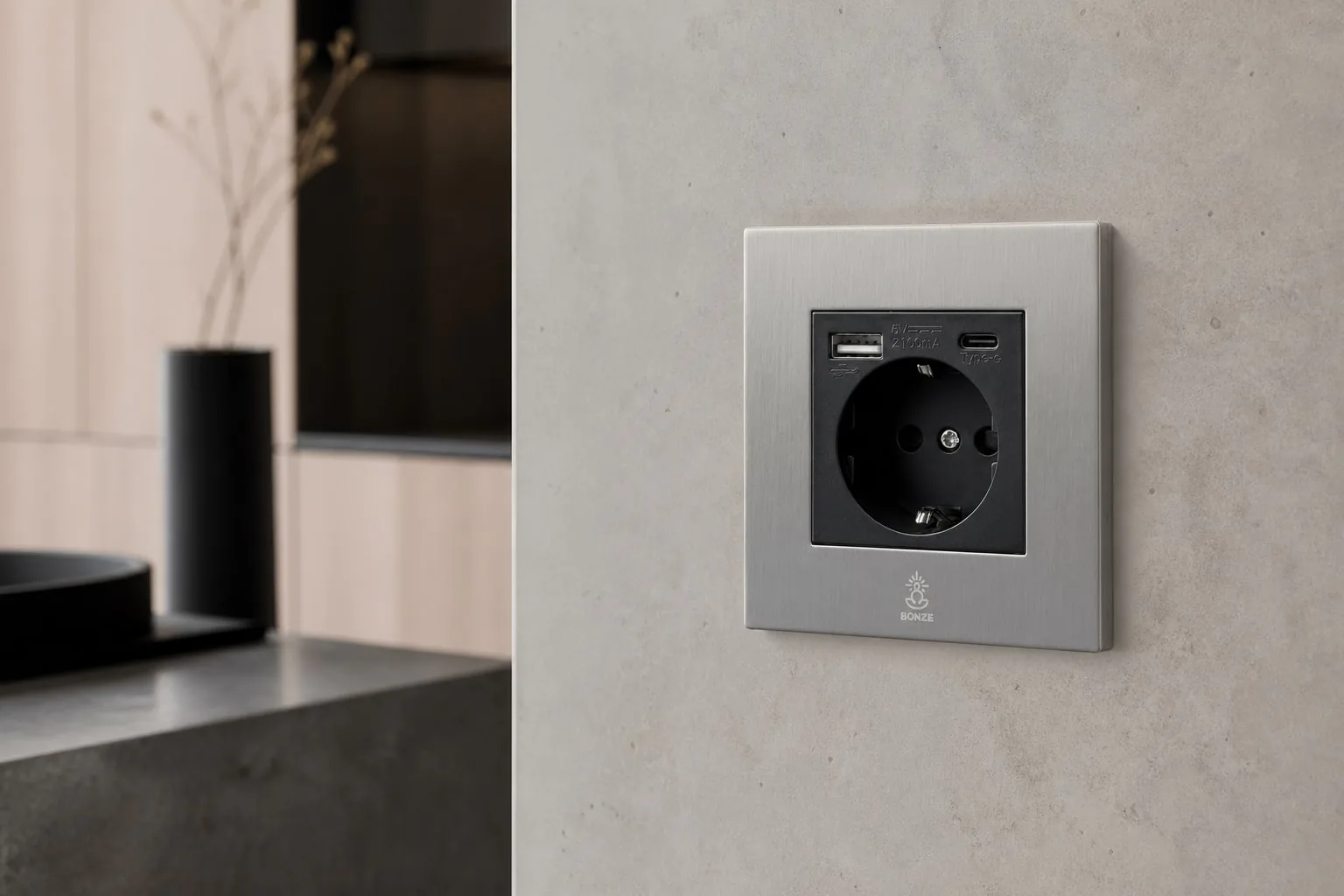 AURA в цвете Никель браш — розетка BONZE с USB в интерьере